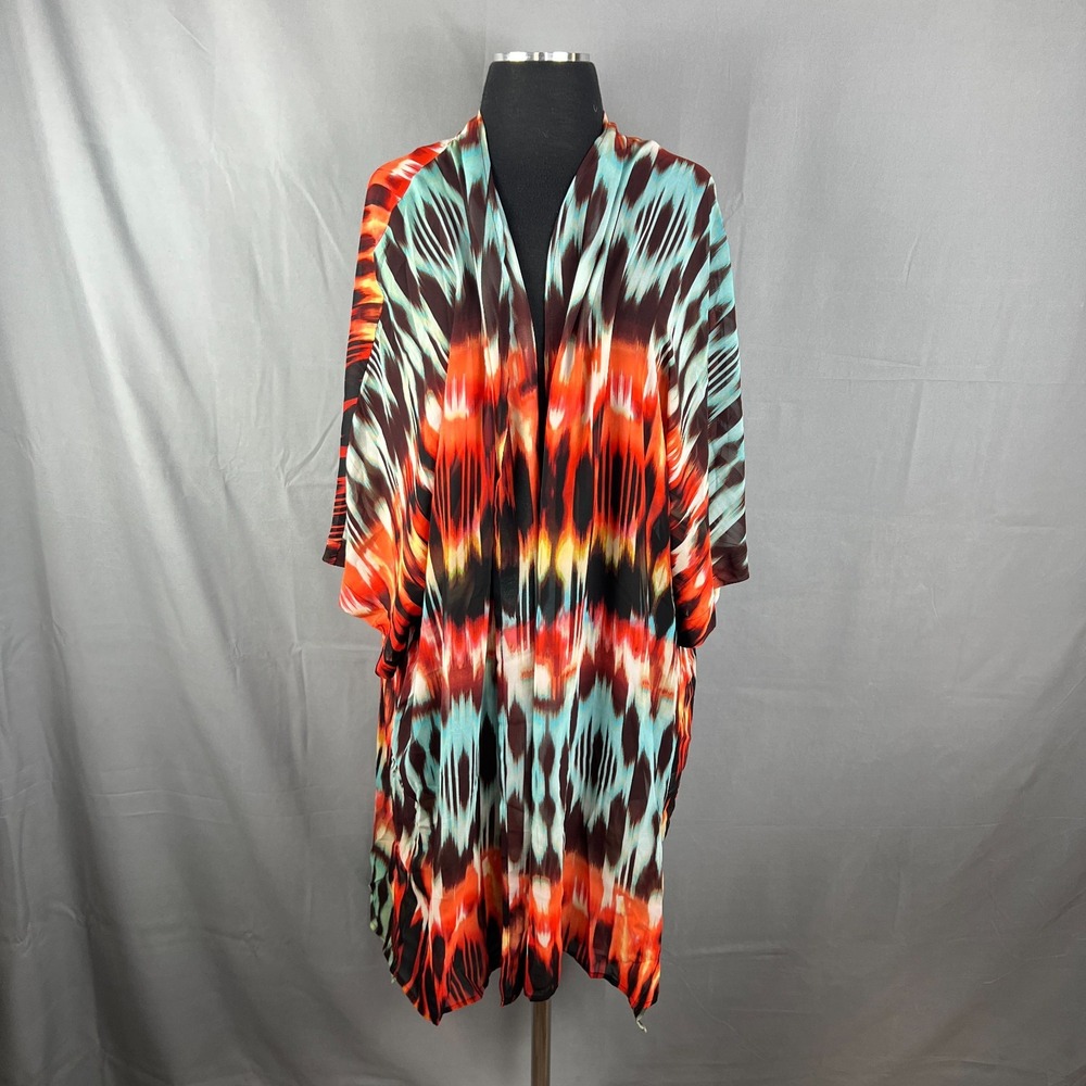 A.n.a A New Approach Kimono Cover Up Womens 1X Multicolor Abstract Open Front